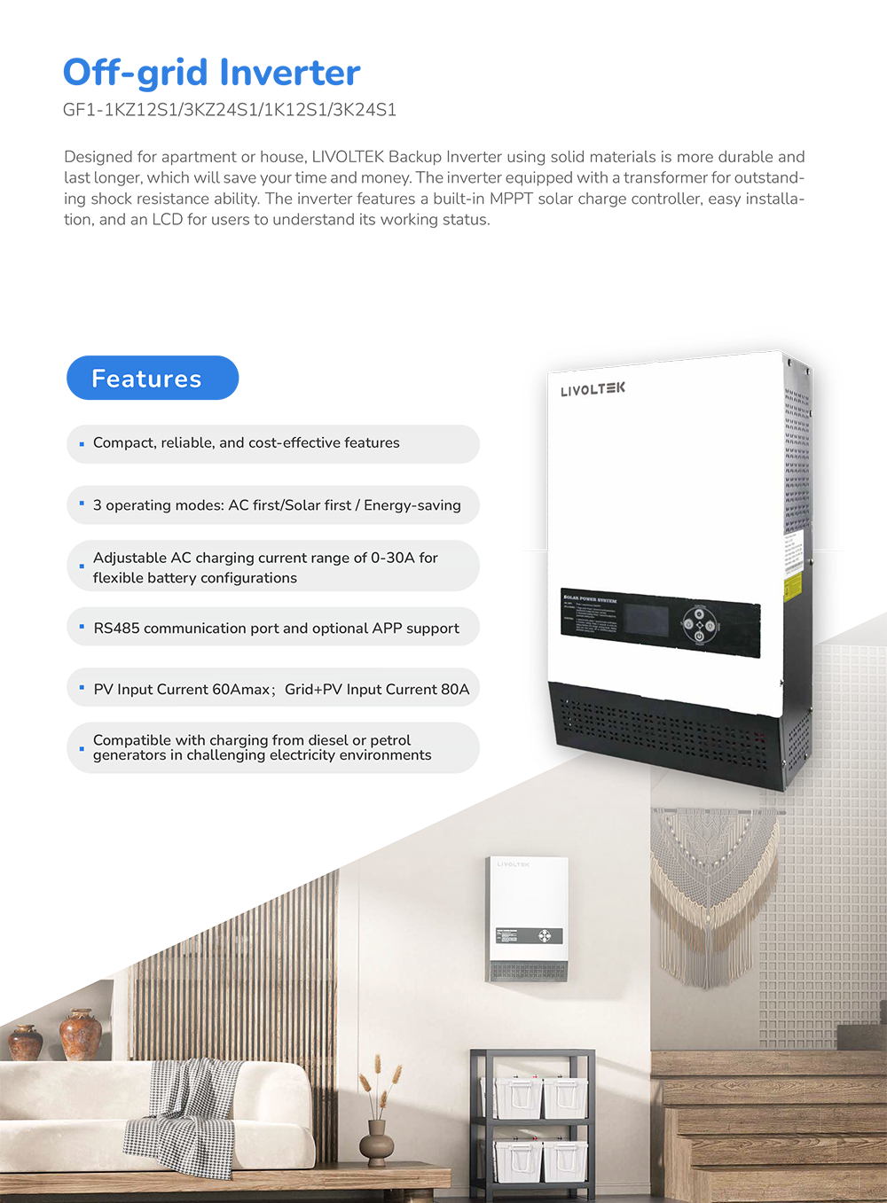 Off-Grid Backup Inverter 1kW Single Phase 4.5A 12V